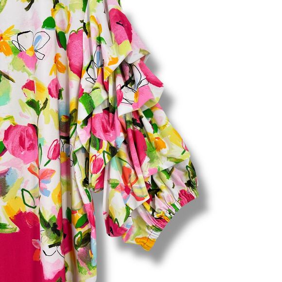 Slim Factor Investments Ruched Ruffle Sleeve Shirt Plus Size 1X Pink Green - Picture 2 of 7